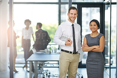 Buy stock photo Cropped portrait of two colleagues standing outside the boardroom before their presentation