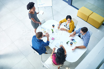 Buy stock photo Above, presentation and people planning in meeting with tablet for project, schedule or creative ideas. Group, discussion and leader with calendar for development, productivity or support of teamwork