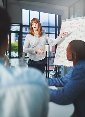 Buy stock photo Shot of a young businesswoman using a whiteboard to give a presentation to her colleagues in a boardroom