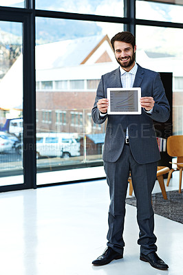 Buy stock photo Business man, tablet and screen with graph, data report or presentation for corporate growth and development in office. Market stats, chart and crypto info, change in numbers and company progress