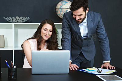 Buy stock photo Happy, business people and laptop with documents for finance, teamwork or planning at office. Young businessman and woman with smile on computer for financial budget, accounting or tasks at workplace