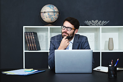 Buy stock photo Businessman, documents and thinking with laptop in finance, accounting or project planning at office. Young man, employee or accountant in wonder or thought for financial business plan at workplace