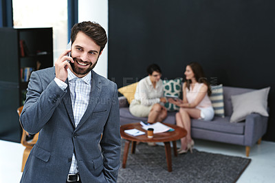 Buy stock photo Happy businessman and phone call with smile for chat, business proposal and communication in office. Corporate male, employee and talking on mobile with happiness for conversation in workplace