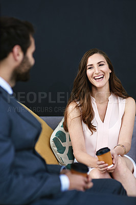 Buy stock photo Corporate woman, discussion and couch in modern office with coffee for collaboration, teamwork and happiness. Female lawyer, sitting and conversation for business with partnership, together and smile