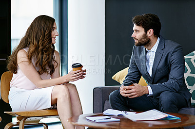 Buy stock photo Business, people and office on coffee break for teamwork, collaboration and planning as accountant. Employee, partnership and discussion for financial reviews, records and auditing with paperwork 