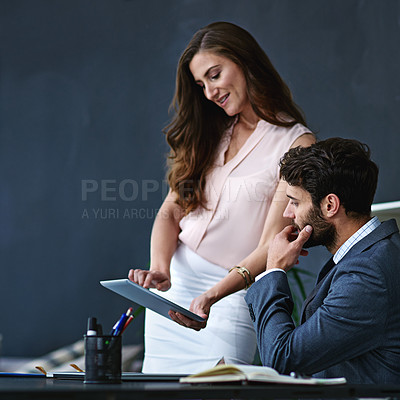 Buy stock photo Business people, discussion and meeting with tablet for research, schedule or tasks at office. Young businessman with personal assistant or secretary showing or scrolling on technology for online app