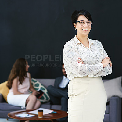 Buy stock photo Corporate woman, portrait and pride in modern office with teamwork for collaboration, happiness and leadership. Female lawyer, leader and confidence in workplace with partnership, smile and support