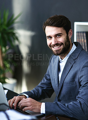 Buy stock photo Man, portrait and lawyer with laptop for legal advice, research or corporate attorney at office. Businessman, consultant or advisor with smile on computer for case or project at law firm or workplace