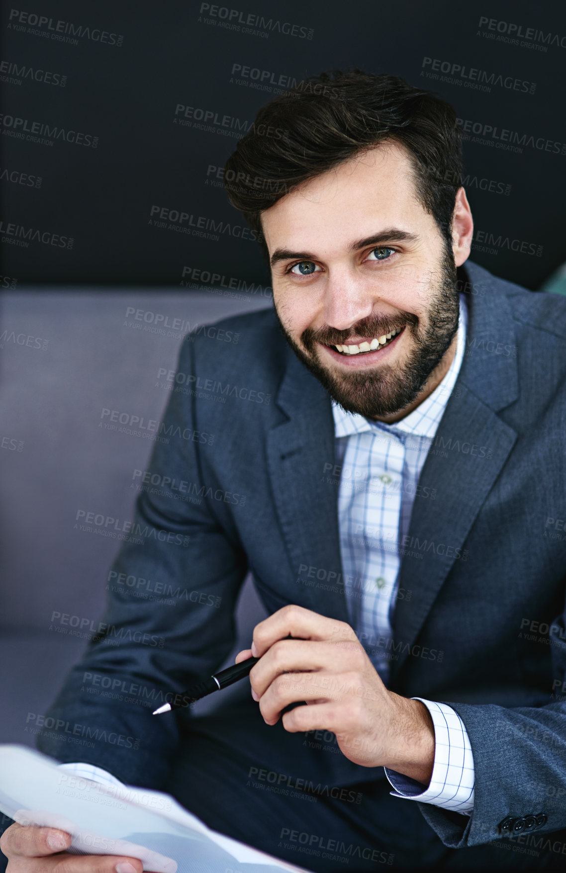 Buy stock photo Happy, portrait and businessman with documents for finance, contract or corporate budget at office. Man, accountant or employee with smile and paperwork for financial expenses or bills at workplace