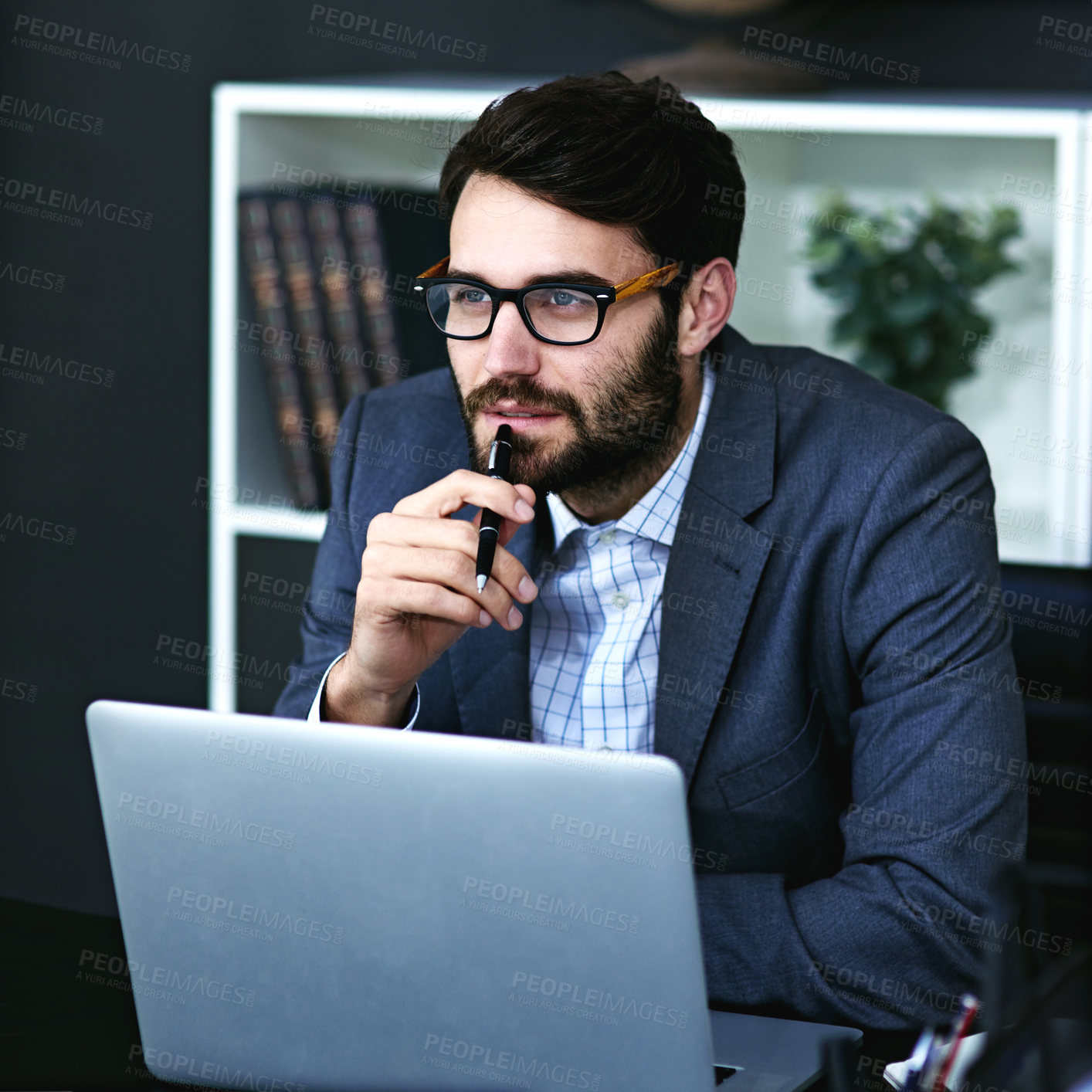 Buy stock photo Businessman, laptop and thinking with finance for investment choice, decision or idea at office. Man, accountant or employee in wonder or thought with computer for trading, profit or financial gain 