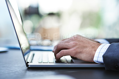 Buy stock photo Businessman, hands and typing with laptop for email, communication or research on office desk. Closeup of man, employee or typist on computer for online search, browsing or chatting at workplace