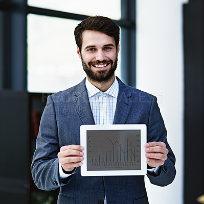 Buy stock photo Businessman, portrait and tablet with screen for financial graph, chart or statistics at office. Man, accountant or employee with smile or technology in finance, profit or annual revenue at workplace