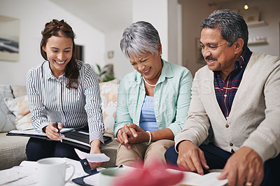 Buy stock photo Meeting, senior couple and financial advisor or woman for asset management, retirement planning and finance advice. Elderly man, partner and agent discussion of pension, home policy or life insurance