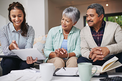 Buy stock photo Financial advisor, senior people and tablet asset management, retirement planning and finance advice. Elderly couple, woman and home meeting, digital information or show pension, budget or investment