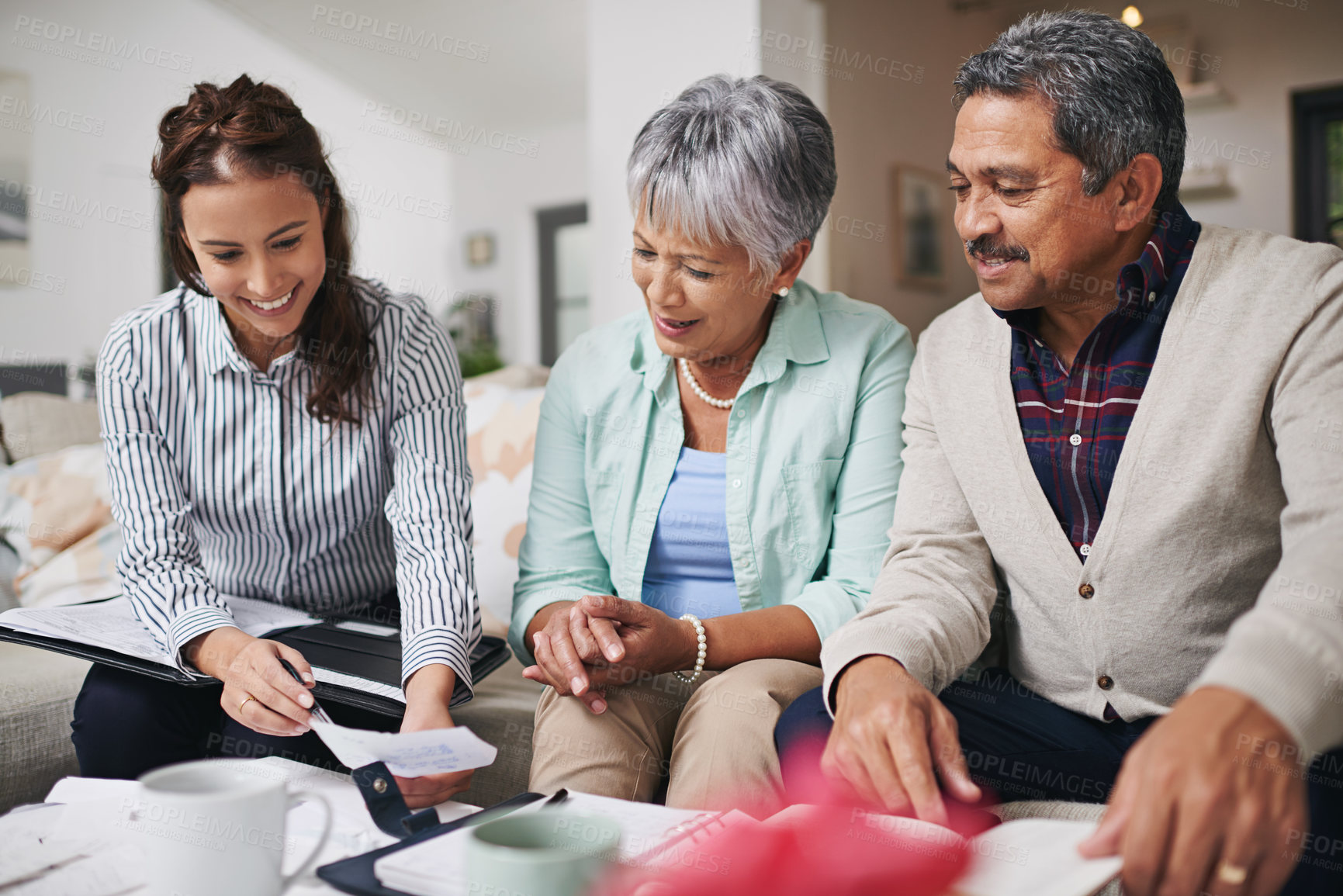 Buy stock photo Financial advisor, senior couple and home meeting for asset management, retirement planning or finance advice. Elderly man, people and agent discussion of pension, helping budget or happy investment