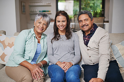 Buy stock photo Portrait, senior parents and woman with smile in living room for connection or bonding. Family, home and mature people with young, female person and happy for togetherness on couch in community