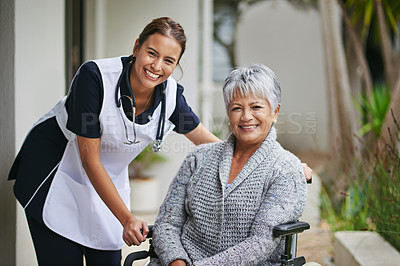 Buy stock photo Senior woman, nurse and wheelchair with portrait at nursing home for help, healthcare and love. Elderly person, caregiver and chair at retirement house for support, wellness and care. with face