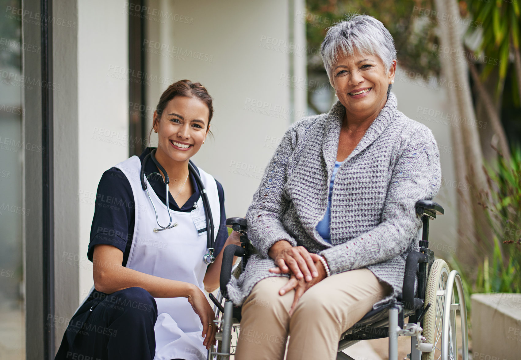 Buy stock photo Elderly woman, nurse and wheelchair with portrait at nursing home for help, healthcare and love. Senior person, caregiver and chair at retirement house for support, wellness and care. with face