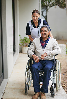 Buy stock photo Portrait of a senior man in a wheelchair being for for by a nurse at a retirement home