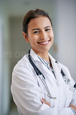 Buy stock photo Confidence, face and doctor in hospital, clinic and wellness facility with smile and stethoscope in medical career. Female person, cardiologist and healthcare worker with happiness or professional