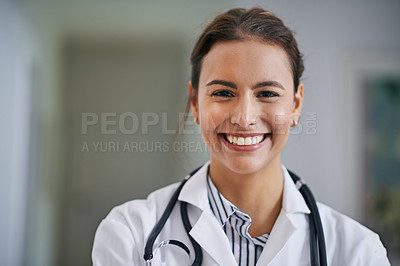Buy stock photo Portrait of a cheerful young doctor at work