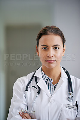 Buy stock photo Woman, portrait or doctor with confidence in hospital, clinic or wellness facility with stethoscope in medical career. Female person, cardiology or healthcare professional for consulting in medicine