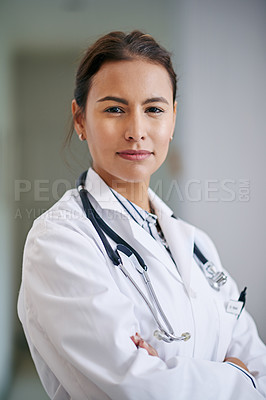 Buy stock photo Woman, portrait and doctor with confidence in hospital, clinic and wellness facility with consultant in medical career. Female person, cardiologist and healthcare professional for consulting