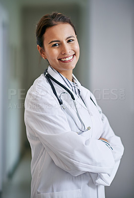Buy stock photo Smile, woman and portrait of doctor with crossed arms in hospital for confidence and pride. Happy, professional and female healthcare worker with positive attitude for career in medical clinic.