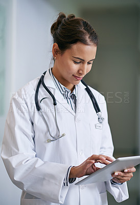 Buy stock photo Healthcare, doctor and woman with tablet for telehealth, research or online consultation in hospital. Smile, stethoscope and health worker with technology for support, wellness and medical care
