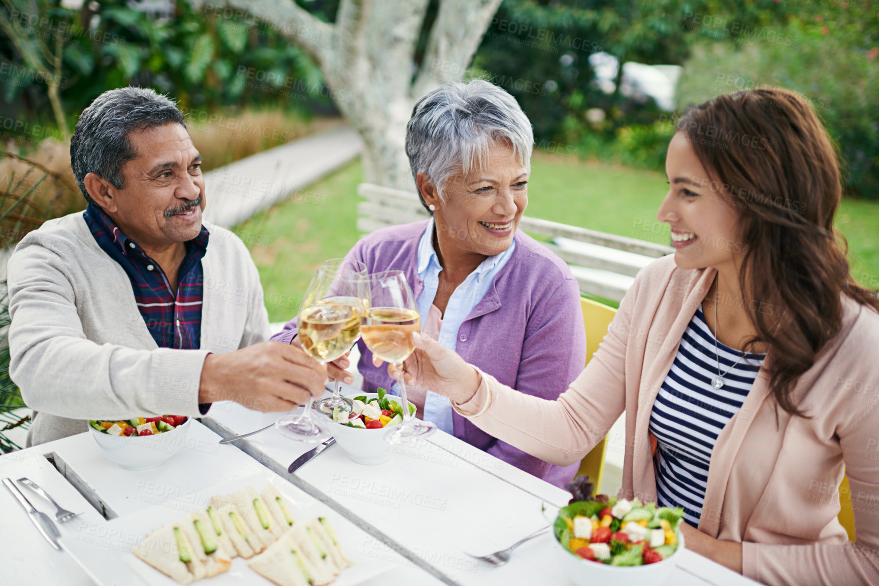 Buy stock photo Cropped shot of a family toasting over their lunch while sitting outside