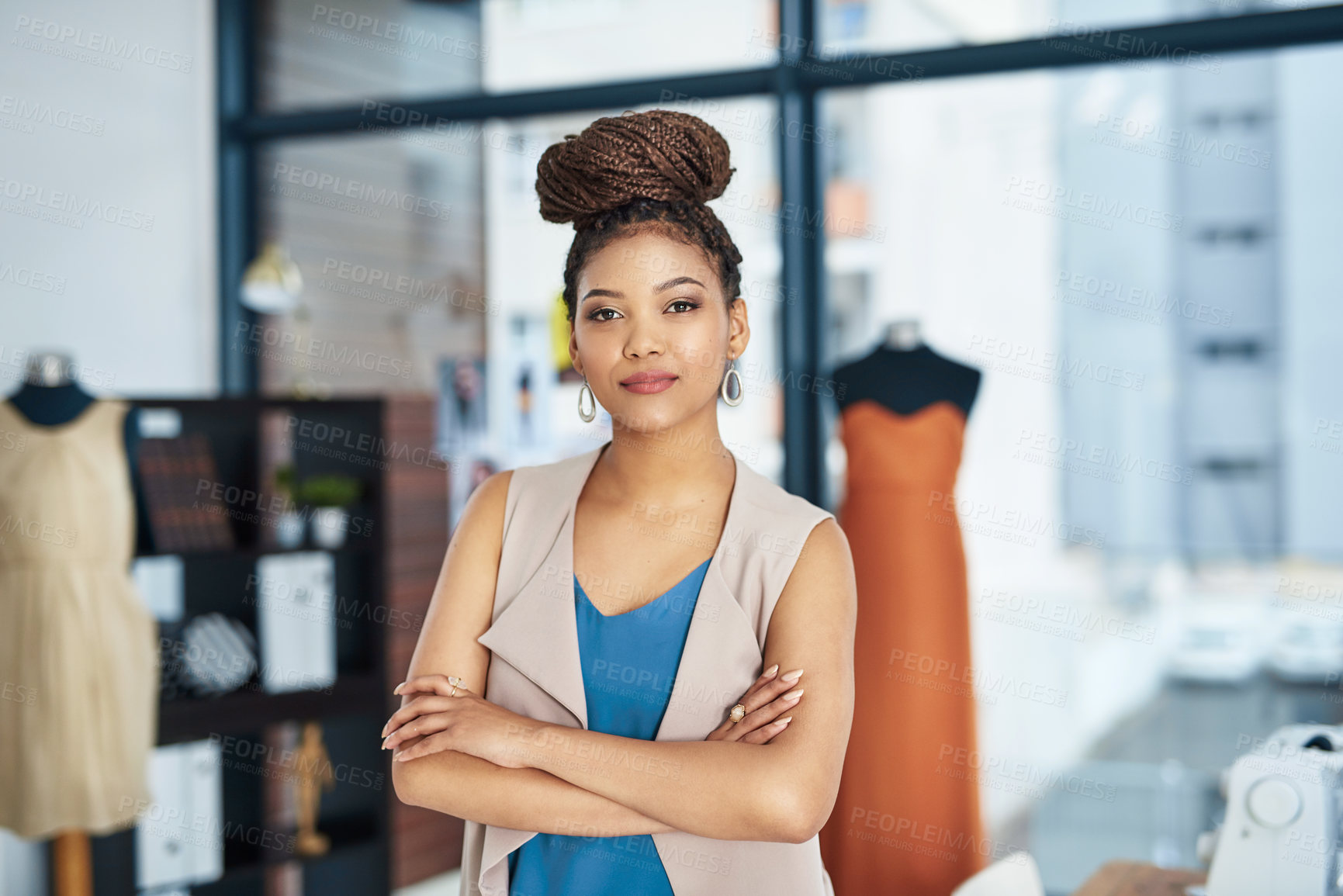 Buy stock photo Fashion, designer and portrait of African woman with small business and tailor work at boutique. Creative, workshop and design studio with arms crossed and confidence of clothes shop owner at job