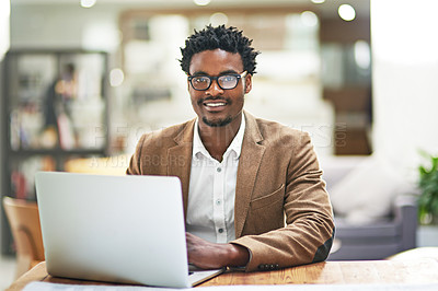 Buy stock photo Laptop, portrait and research with business black man in office for administration or project management. Computer, glasses and suit with confident young employee in workplace for online planning