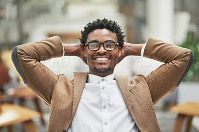 Buy stock photo Relax, smile and portrait of black businessman in office, workspace and professional space for break or lunch. Internship, employee and happy at company. establishment or business in corporate career