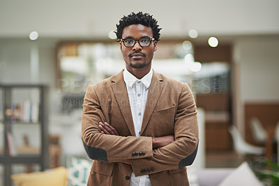 Buy stock photo Relax, serious and portrait of black businessman in office, workspace and professional space. Internship, employee and confidence at company. establishment and business in corporate career in law