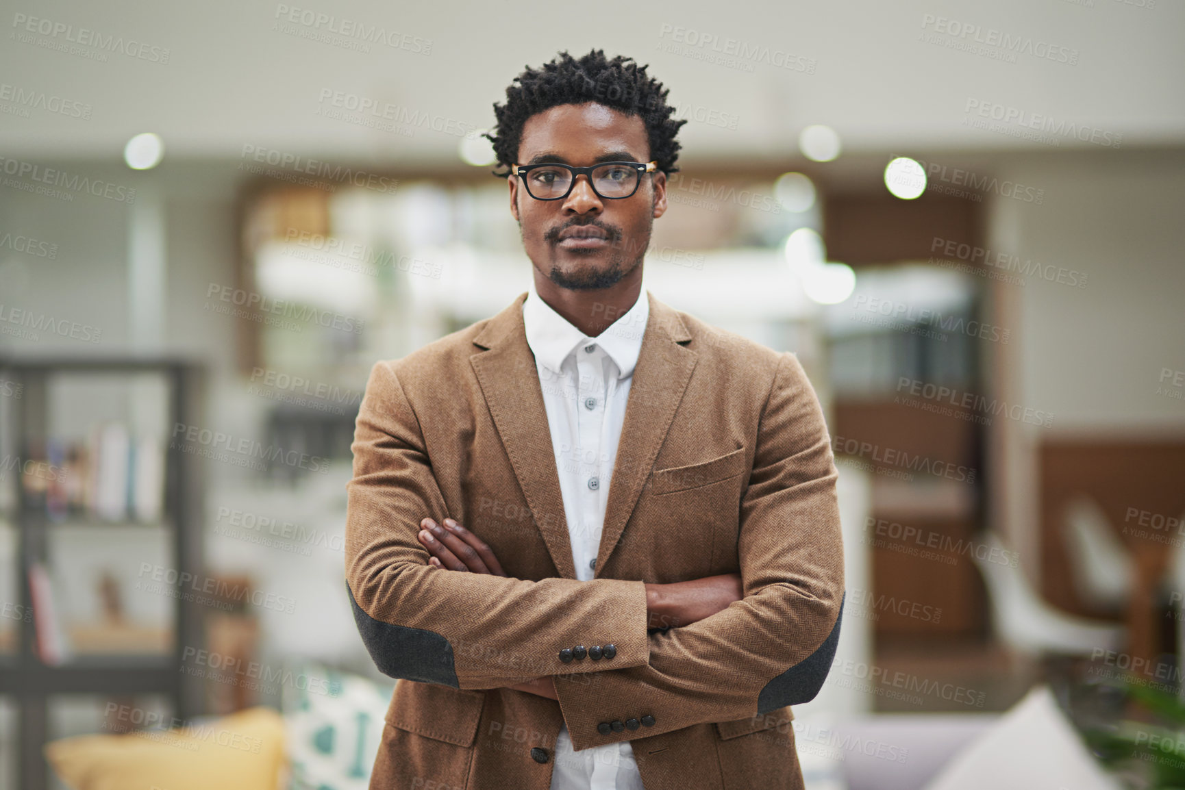 Buy stock photo Relax, serious and portrait of black businessman in office, workspace and professional space. Internship, employee and confidence at company establishment and business in corporate career in law