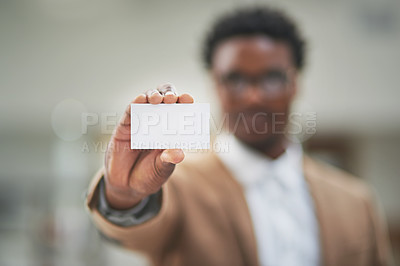 Buy stock photo Mockup, hand and man with business card in office for branding, about us and contact information. Professional, career and African male lawyer holding paper with blank space for legal service.
