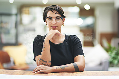 Buy stock photo Woman, portrait and creative at media startup, graphic designer with business mindset and focus, Professional, drive and confidence, office worker with determination and ambition at digital agency