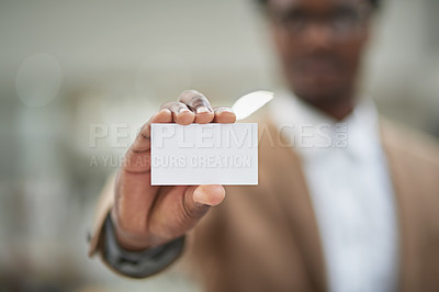 Buy stock photo Mockup, hand and businessman with card in office for branding, about us and contact information. Professional, career and African male lawyer holding paper with blank space for legal service.