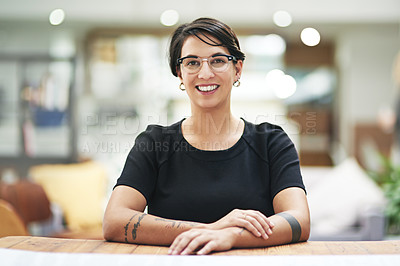 Buy stock photo Business woman, portrait and work from home video call with virtual consultation for project advice and planning. Face of graphic designer or worker in glasses with smile for creative online meeting