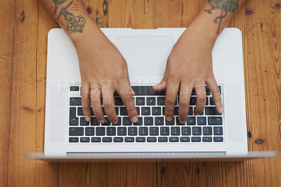 Buy stock photo Hands, students and laptop for online research, planning and e learning resources to view or angle at desk. Person editing PhD proposal on computer for scholarship, essay or assignment with keyboard