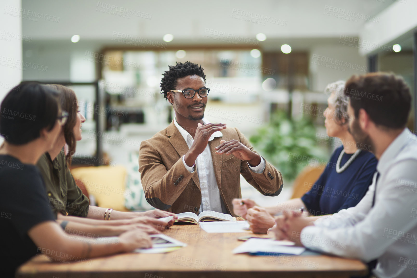 Buy stock photo Business man, office and corporate team for presenting creative project, career planning or strategy collaboration. Diversity, speaker and talking for creativity, share idea or meeting on success 