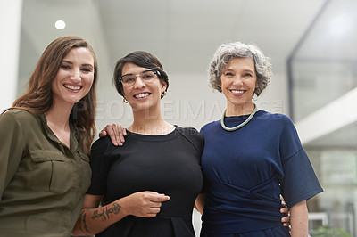 Buy stock photo Happy, business women or portrait in office for collaboration, partnership and teamwork in company. Smile, group or employees in support and solidarity for leadership, mentorship or community