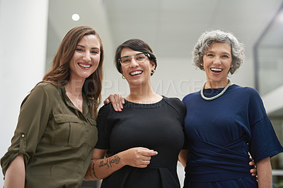 Buy stock photo Laughing, business women or portrait in office for collaboration, partnership and teamwork in company. Happy, group or employees in support and solidarity for leadership, mentorship or community