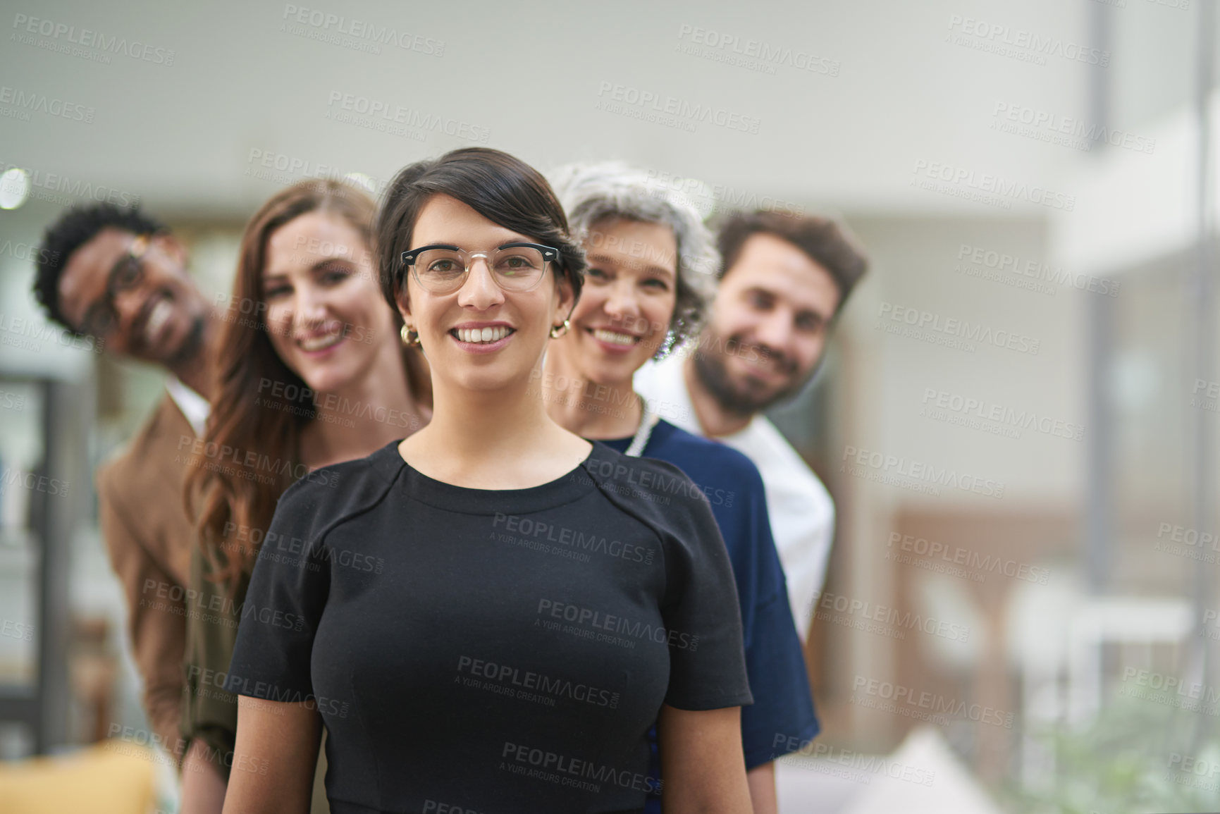 Buy stock photo Line, businesspeople and office with smile in portrait for team building in company with employee. Leader, law firm and lawyer with group for representing with happiness or positive with staff.