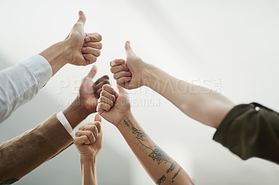 Buy stock photo Teamwork, thumbs up or sign with hands for success, celebration and winner for victory in workplace. Collaboration, solidarity and business people as workforce, cooperation and achievement with trust