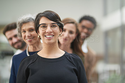Buy stock photo Businesspeople. line and office with smile in portrait for team building in company with closeup. Law firm, leader and lawyer with group for representing with happiness or positive with staff.