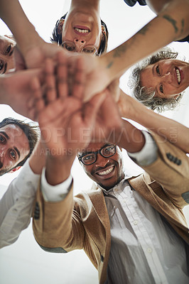 Buy stock photo Teamwork, business people and hands together for success, celebration and winner or victory in workplace. Collaboration, solidarity and employees as workforce, cooperation and motivation with trust