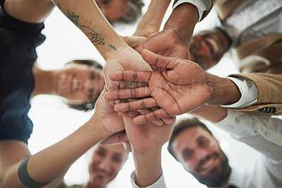 Buy stock photo Teamwork, business people and hands together for support, success and celebration or victory in workplace. Collaboration, solidarity and employees as workforce, cooperation and trust in low angle