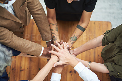 Buy stock photo ​​Business people, teamwork and hands together for support, commitment or collaboration with success and mission. Employees or group in circle with stack for target, resilience and power in top view
