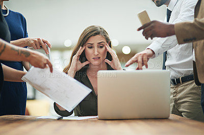 Buy stock photo Stress, chaos and business woman with headache for documents, report and office crisis on computer. Confused auditor or accountant for multitasking, deadline and bad time management with people hands
